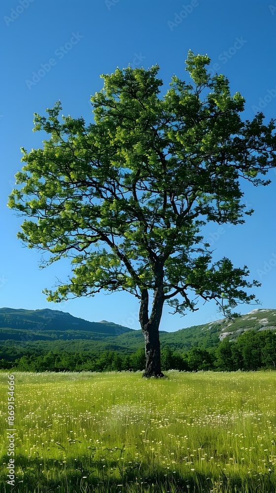Lone Tree in a Field with Mountains