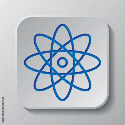 Atom simple icon vector. Flat design. Paper cut design. Cutted blue symbol with shadow. Gray badge button, gray background