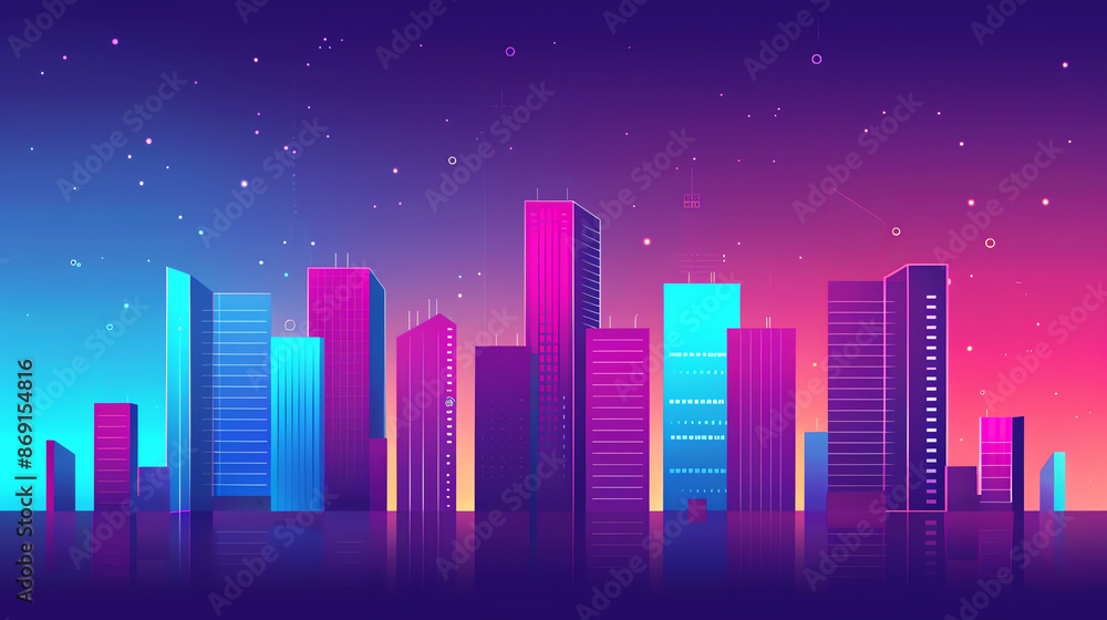 Bright cityscape at night, vibrant lights, flat design illustration Bright cityscape at night, vibrant lights, flat design illustration
