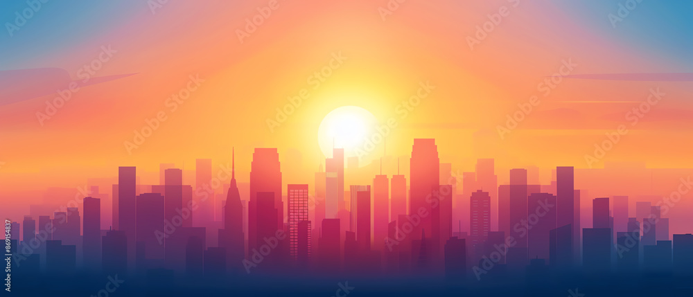 City skyline at sunset, vibrant colors, flat design illustration City skyline at sunset, vibrant colors, flat design illustration