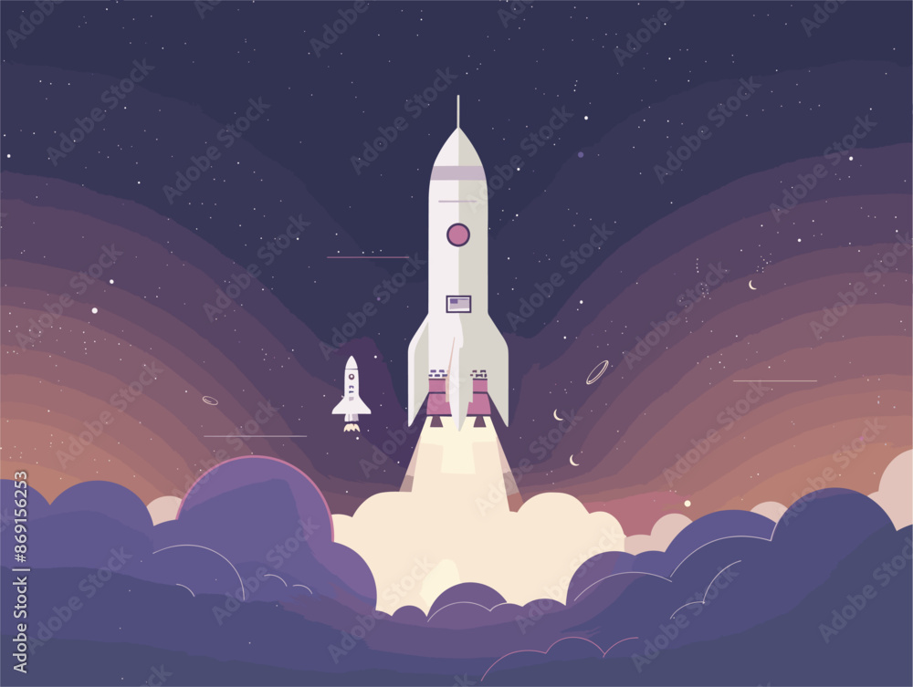 Fototapeta premium Flat Style Vector Rocket Launching to Space with Text-Based Elements Complex Animated Illustration