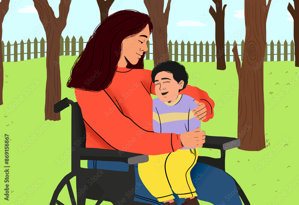 © Westend61 - Mother with physical disability sitting on wheelchair with son in garden