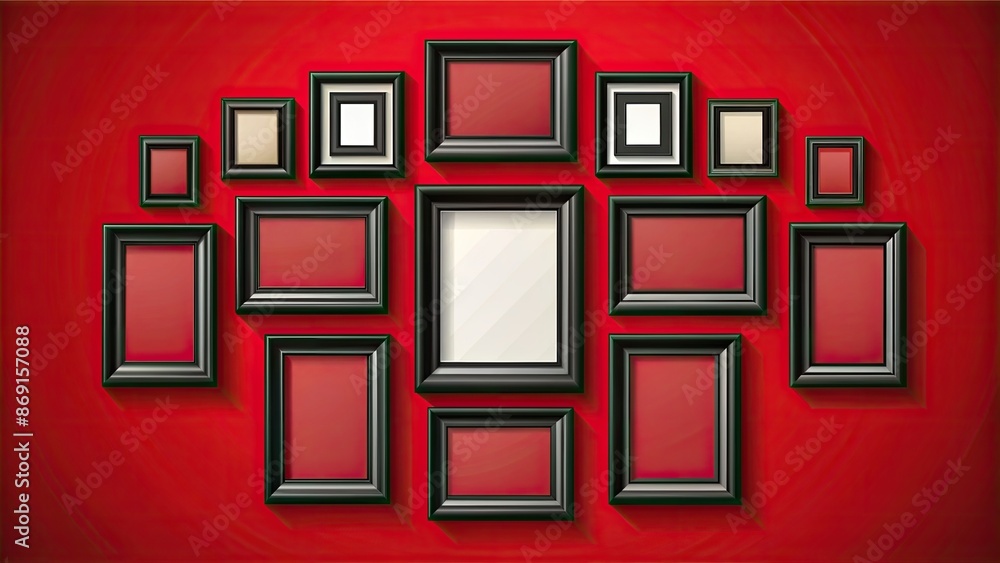 Black photo frames set on a red background. Images on wall, retro memory album. Concept gallery portfolio, frame paper, poster. Vector illustration Black photo frames set on a red background. Images on wall, retro memory album. Concept gallery portfolio, frame paper, poster. Vector illustration