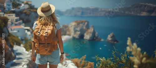 woman with backpack on tropical island beach