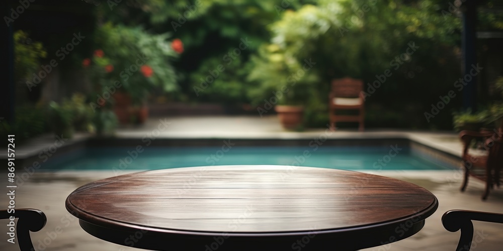Obraz premium Wooden Table with Pool in Background