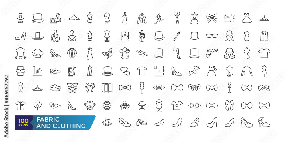 Fabric and Clothing icon set. Such as textile, wool, fur, corduroy, cotton, and more. Collection and pack of linear web and ui icons. Editable stroke. Vector illustration Fabric and Clothing icon set. Such as textile, wool, fur, corduroy, cotton, and more. Collection and pack of linear web and ui icons. Editable stroke. Vector illustration