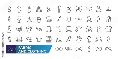 Fabric and Clothing icon set. Such as textile, wool, fur, corduroy, cotton, and more. Collection and pack of linear web and ui icons. Editable stroke. Vector illustration