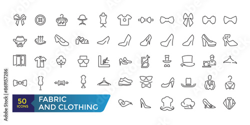 Fabric and Clothing icon set. Such as textile, wool, fur, corduroy, cotton, and more. Collection and pack of linear web and ui icons. Editable stroke. Vector illustration