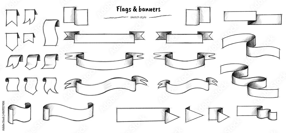 Pack de drapeaux façon croquis (doodle). Collection de bannières noir et blanc, dessinées à la main au crayon à papier. Drapeaux et bannières façon esquisse. Crayon porte-mine. Fichier transparent. Pack de drapeaux façon croquis (doodle). Collection de bannières noir et blanc, dessinées à la main au crayon à papier. Drapeaux et bannières façon esquisse. Crayon porte-mine. Fichier transparent.