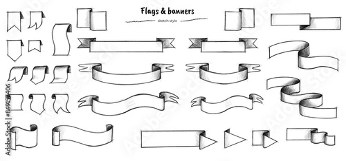 Pack de drapeaux façon croquis (doodle). Collection de bannières noir et blanc, dessinées à la main au crayon à papier. Drapeaux et bannières façon esquisse. Crayon porte-mine. Fichier transparent.