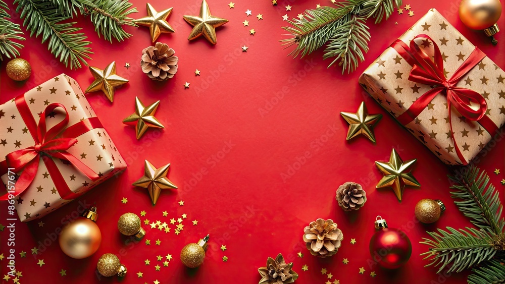Racing against the clock to secure holiday presents. Top view photo of gift boxes, xmas decorations, stars on red background with promo space Racing against the clock to secure holiday presents. Top view photo of gift boxes, xmas decorations, stars on red background with promo space