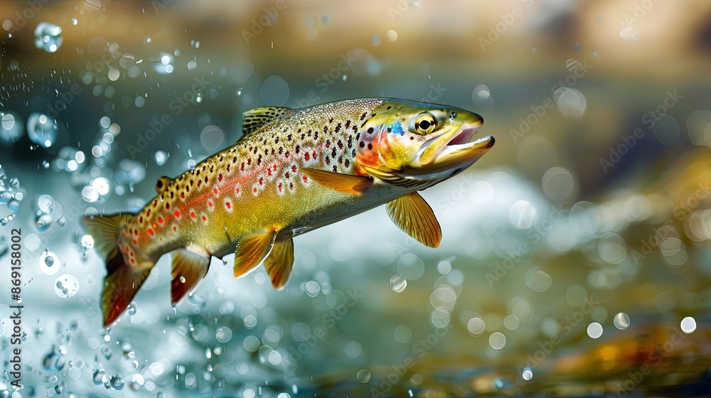 This vivid image portrays a trout leaping out of a splashing river, freeze-framing the exhilarating moment of action in a stunning display of aquatic grace and vibrance. This vivid image portrays a trout leaping out of a splashing river, freeze-framing the exhilarating moment of action in a stunning display of aquatic grace and vibrance.