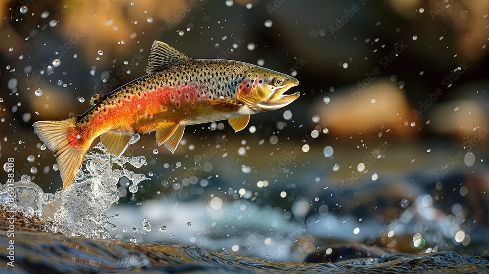 A lively brown trout is depicted mid-jump, creating a dynamic splash against the backdrop of a flowing stream, showcasing its agility and the beauty of nature in motion. A lively brown trout is depicted mid-jump, creating a dynamic splash against the backdrop of a flowing stream, showcasing its agility and the beauty of nature in motion.