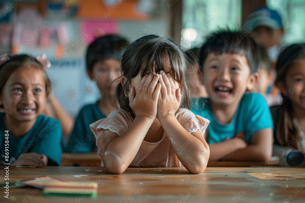 Girl Crying with Teasing and Unhappy Classmate in Background. Bullying at School Girl Crying with Teasing and Unhappy Classmate in Background. Bullying at School