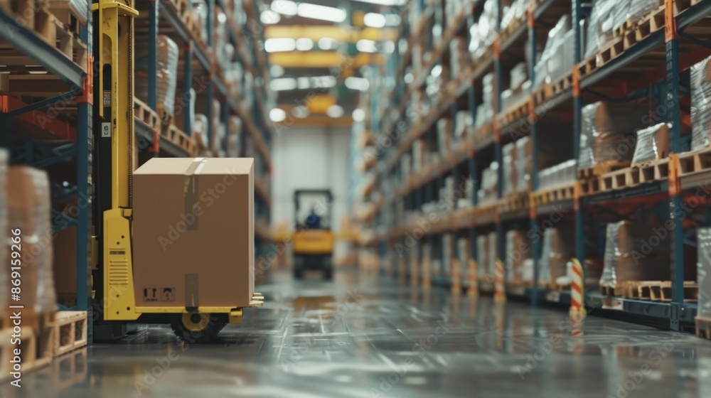 Warehouse forklift lifting a large box between shelves. Warehouse forklift lifting a large box between shelves.