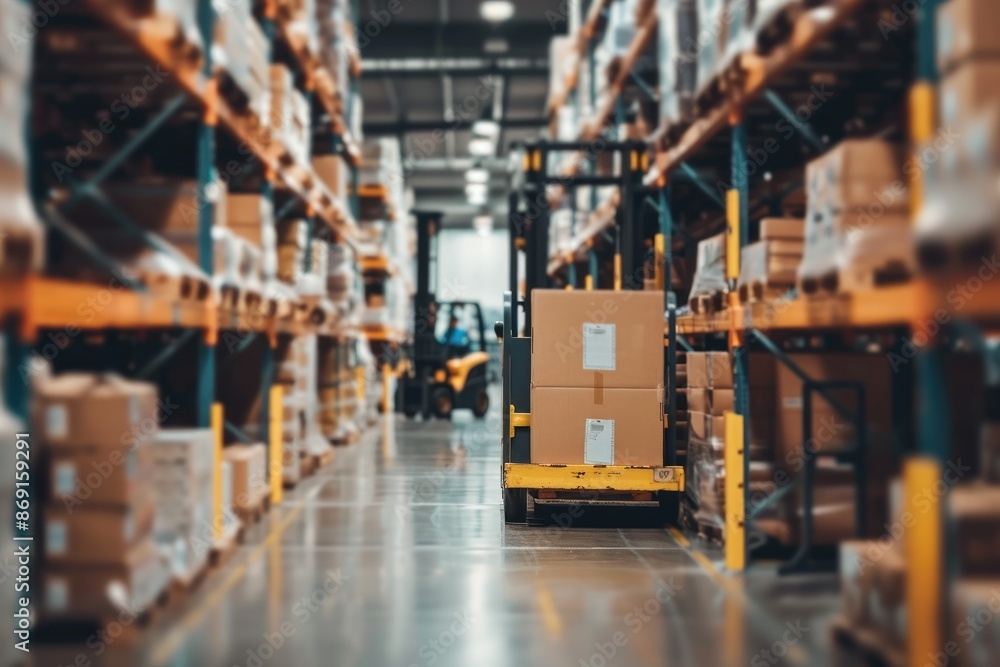 Yellow forklift in warehouse aisle with shelves Yellow forklift in warehouse aisle with shelves