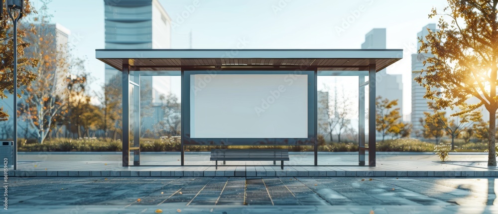 Urban Serenity: Minimalist Bus Stop with Blank Billboard in Modern Cityscape Urban Serenity: Minimalist Bus Stop with Blank Billboard in Modern Cityscape