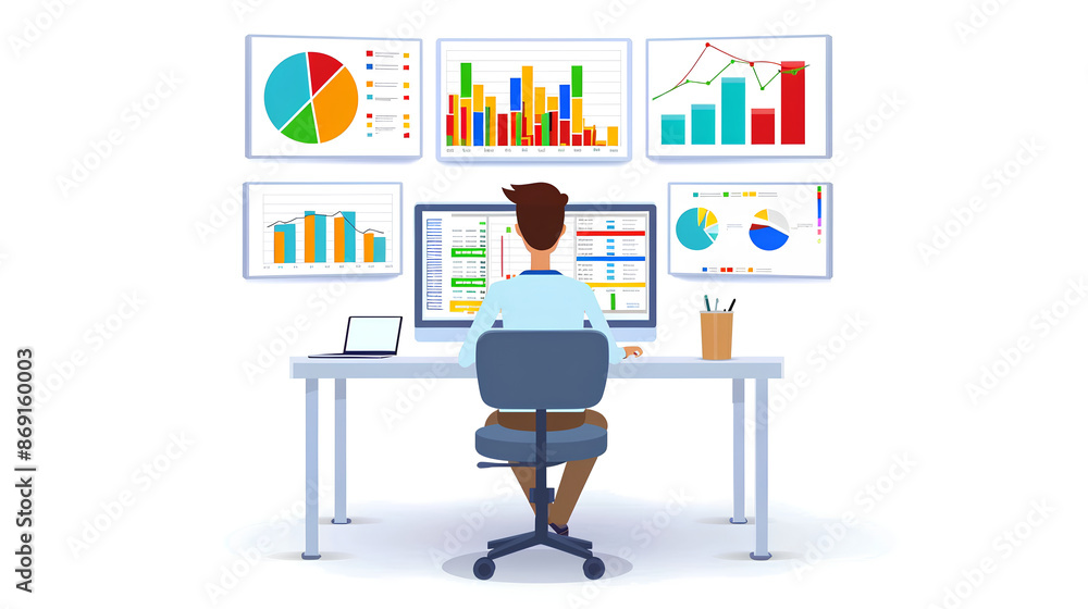 A person sitting at an office desk, surrounded by charts and graphs showing data analytics. A person sitting at an office desk, surrounded by charts and graphs showing data analytics.