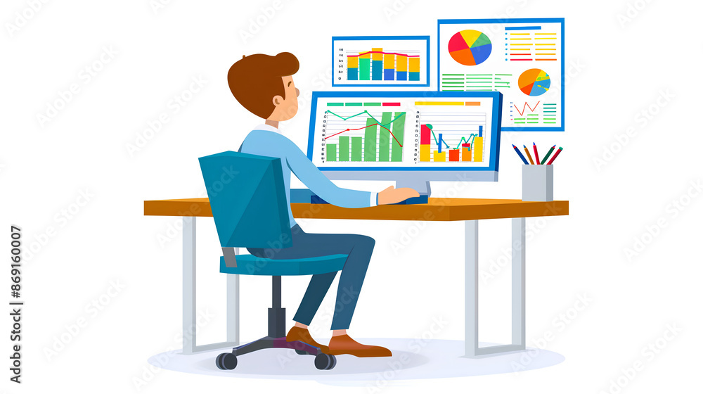 A person sitting at an office desk, surrounded by charts and graphs showing data analytics. A person sitting at an office desk, surrounded by charts and graphs showing data analytics.