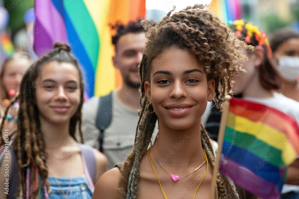 Portrait of young people rallying for LGBTQ+ rights at a Pride month parade with diversity and rainbow flags Portrait of young people rallying for LGBTQ+ rights at a Pride month parade with diversity and rainbow flags