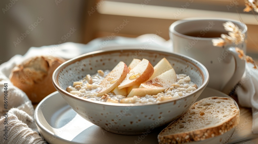 Nutritious Breakfast with Oatmeal, Apple Slices, and Bread in a Cozy Atmosphere Nutritious Breakfast with Oatmeal, Apple Slices, and Bread in a Cozy Atmosphere