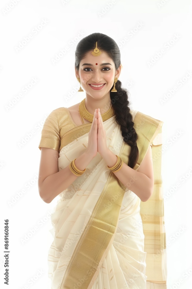 Young smiling woman wearing white sari with golden borders showing welcoming gesture with hands Young smiling woman wearing white sari with golden borders showing welcoming gesture with hands
