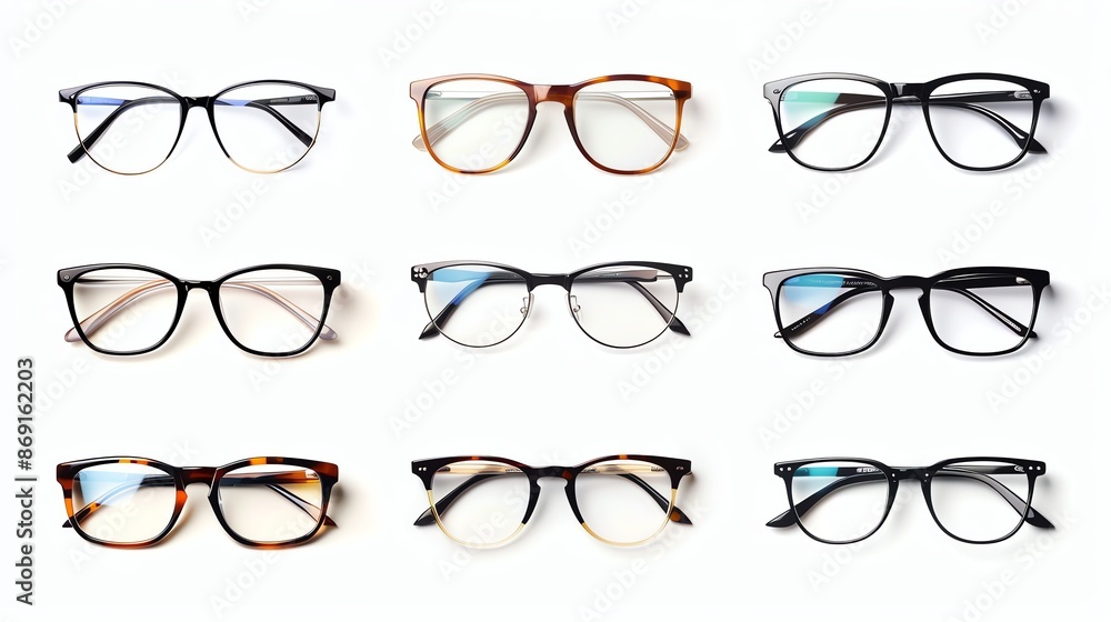 A collection of eyeglasses with different frames. A collection of eyeglasses with different frames.