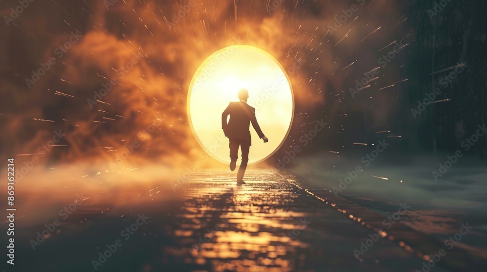 Man running towards light, hopeful future, new beginning, success. Man running towards light, hopeful future, new beginning, success.
