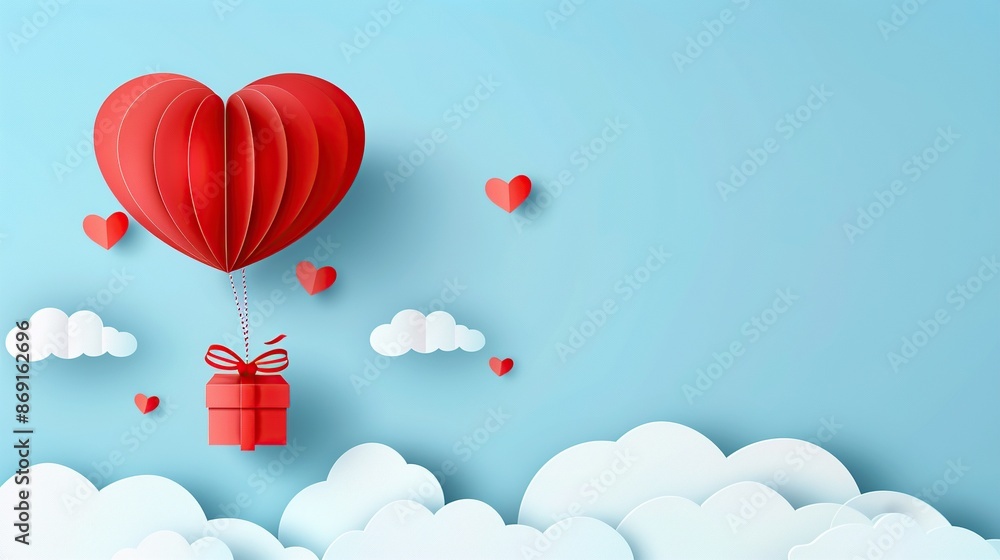 A red paper heart shaped balloon with a red gift box hanging from it, floating in a blue sky with white paper clouds. A red paper heart shaped balloon with a red gift box hanging from it, floating in a blue sky with white paper clouds.