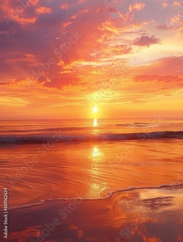 A breathtaking sunset casts warm orange and pink hues across the sky and ocean, creating a stunning display of natural beauty. Generative AI © Анатолий Савицкий
