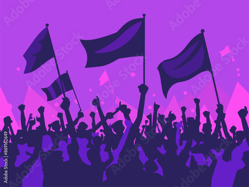 Vector Illustration: Ebullient Crowd Celebrates Triumph with Flags and Exuberance