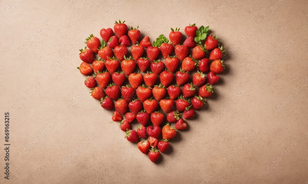 Strawberries arranged in a heart shape on a brown background
