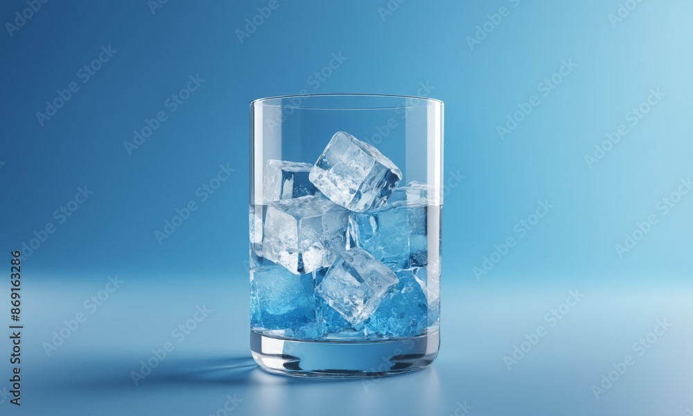 Glass of water with ice cubes on a blue background Glass of water with ice cubes on a blue background