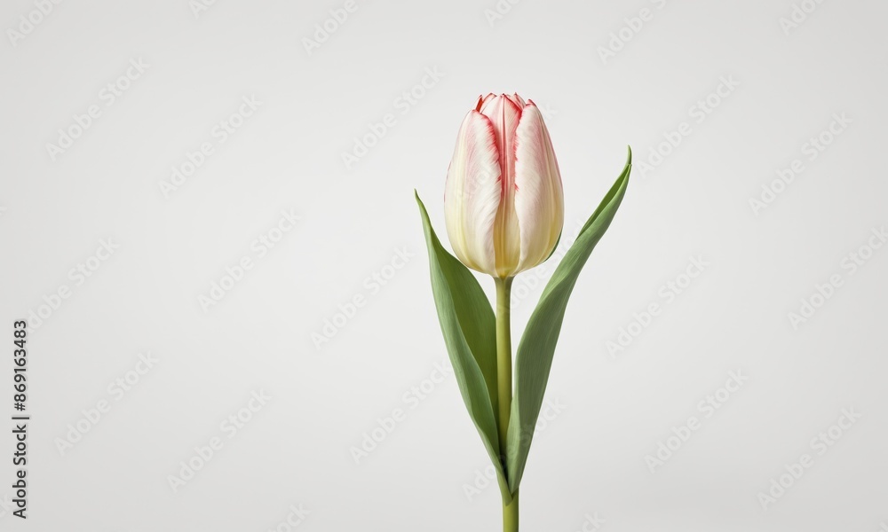 Single white tulip with red stripes on white background Single white tulip with red stripes on white background