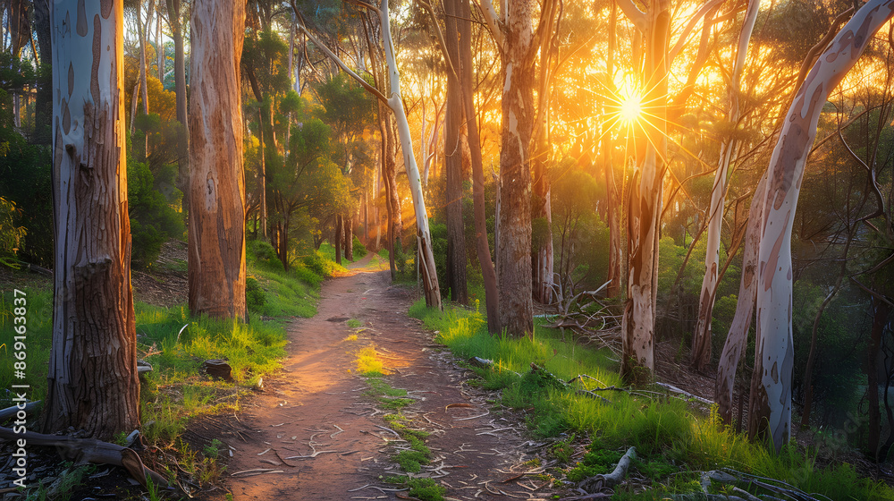 Obraz premium Serene footpath winding through a dense eucalyptus forest, with golden sunset sunbeams filtering through the tall trees, casting a warm and magical glow on the path. 