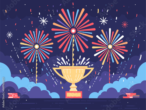 Animated Flat Style Fireworks Celebrating a Triumphant Victory