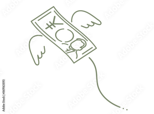 お金に羽が生えて飛んでいく線画イラスト