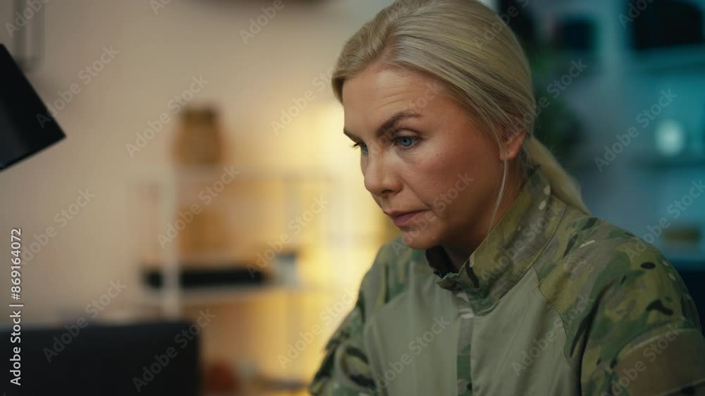 Female military officer discussing mission during online video call in office Female military officer discussing mission during online video call in office