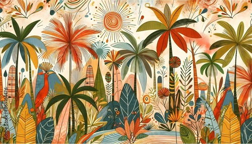 Ilustración exótica de lujo tropical, Hojas de plátano de colores pastel, palma, Vintage, dibujado a mano, palmeras, jungla, wallpaper, papel mural, papel pintado, decoración de interiores