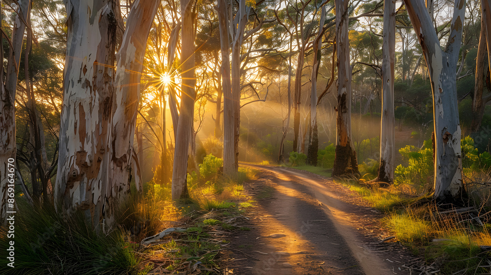 Fototapeta premium Serene footpath winding through a dense eucalyptus forest, with golden sunset sunbeams filtering through the tall trees, casting a warm and magical glow on the path. 
