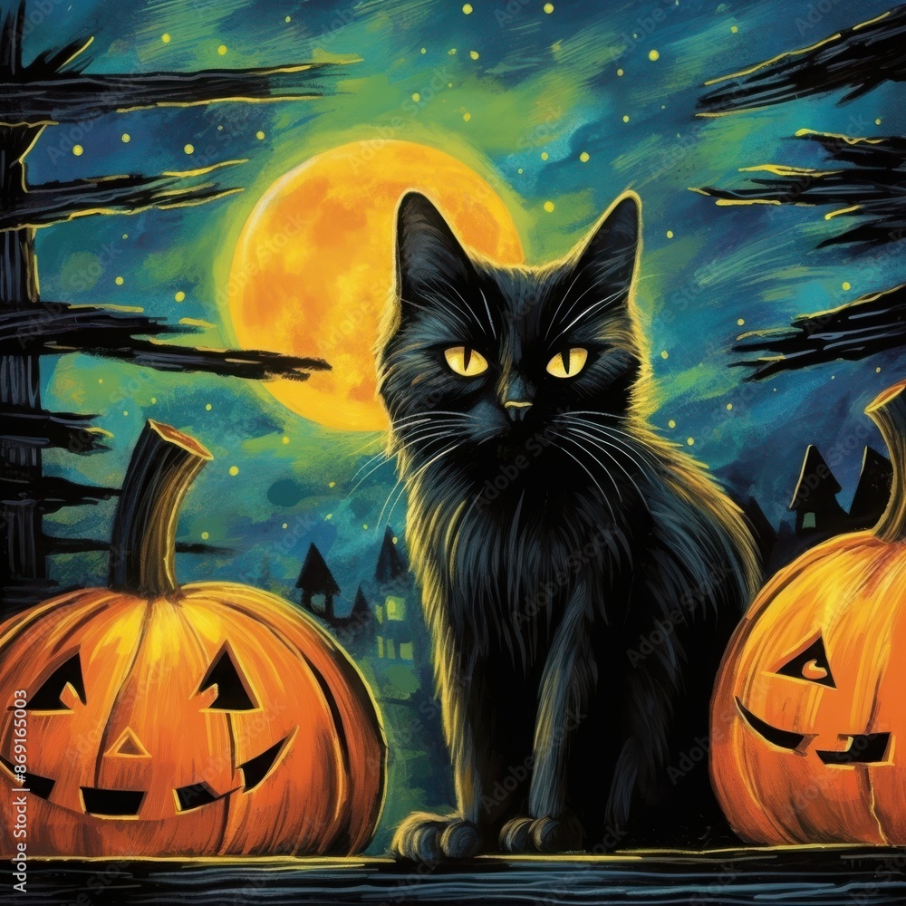 Black cat with glowing eyes sits between Jack-O'-Lanterns against a full moon and starry black night on Halloween, scary atmosphere scene Black cat with glowing eyes sits between Jack-O'-Lanterns against a full moon and starry black night on Halloween, scary atmosphere scene