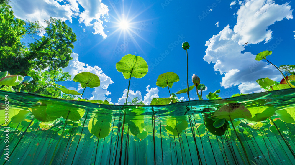 Underwater view of lotus stems below sunny sky. Underwater view of lotus stems below sunny sky.