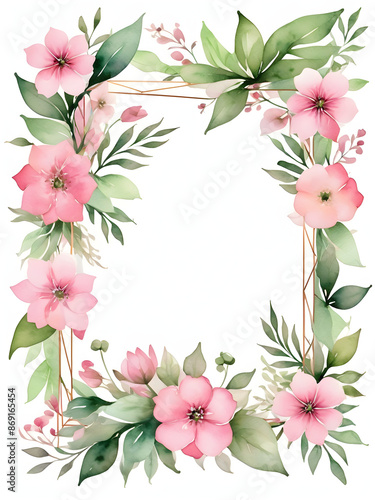 Watercolor floral geometric shape frame with pink flowers and green leaves on white background. © BSpictures
