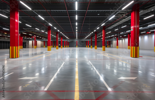 A large empty warehouse with three red and yellow parking bays, each equipped with LED lights for indoor lighting