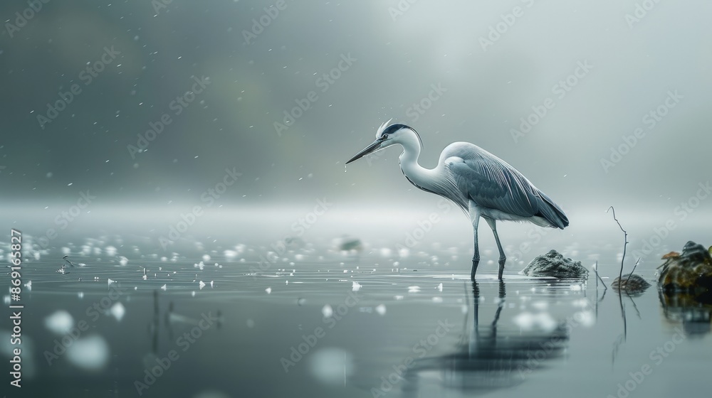 Fototapeta premium A solitary heron stands in a misty lake, its reflection shimmering in the water.