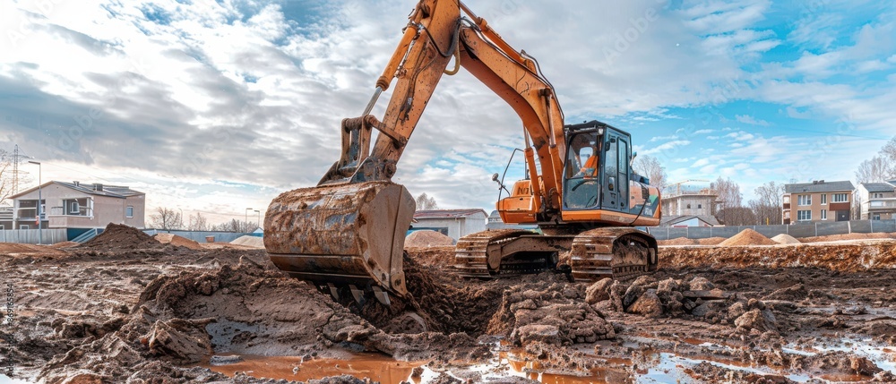 Fototapeta premium Excavator in Action: Digging at Construction Site with Piles of Dirt