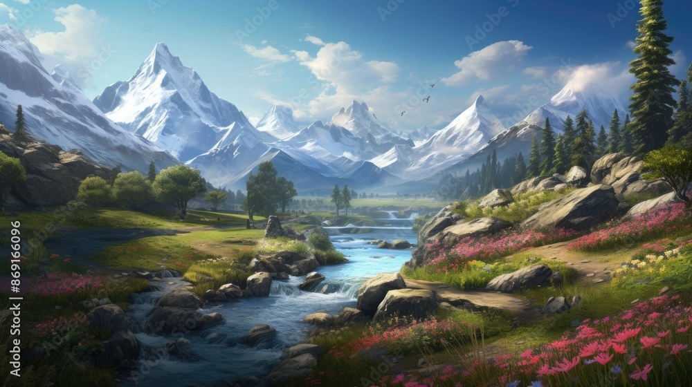 Fototapeta premium A beautiful landscape with snow-capped mountains, a river, and a meadow full of flowers. The sky is blue and the sun is shining.