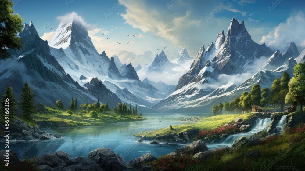 The image is of a beautiful mountain landscape. There is a lake in the foreground, with a small waterfall on the right side. The image is of a beautiful mountain landscape. There is a lake in the foreground, with a small waterfall on the right side.