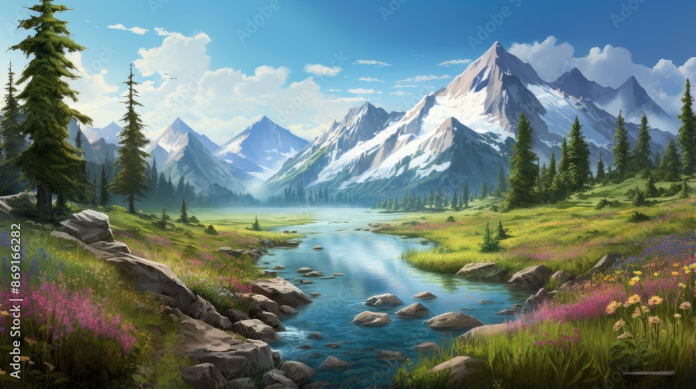 The image is of a beautiful mountain landscape. The mountains are covered in snow. The river is flowing through the valley. The image is of a beautiful mountain landscape. The mountains are covered in snow. The river is flowing through the valley.