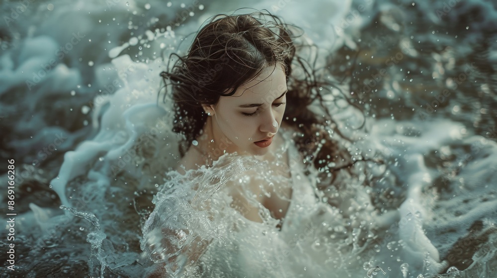 Obraz premium A woman with long dark hair is submerged in crashing waves, her eyes closed. The water splashes around her, creating a sense of motion and energy.